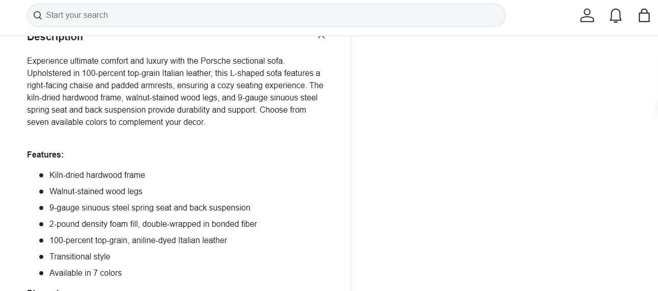 Product Page Snapshot – $3,000 Designer Sofa